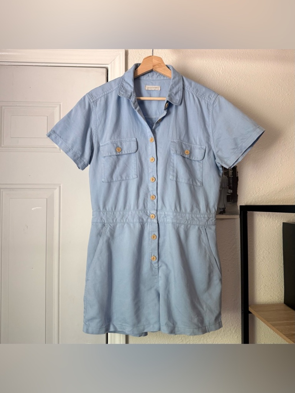 OUTERKNOWN chambray blue organic cotton linen short sleeve button up romper